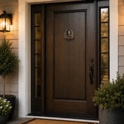 Faith emblem on front door