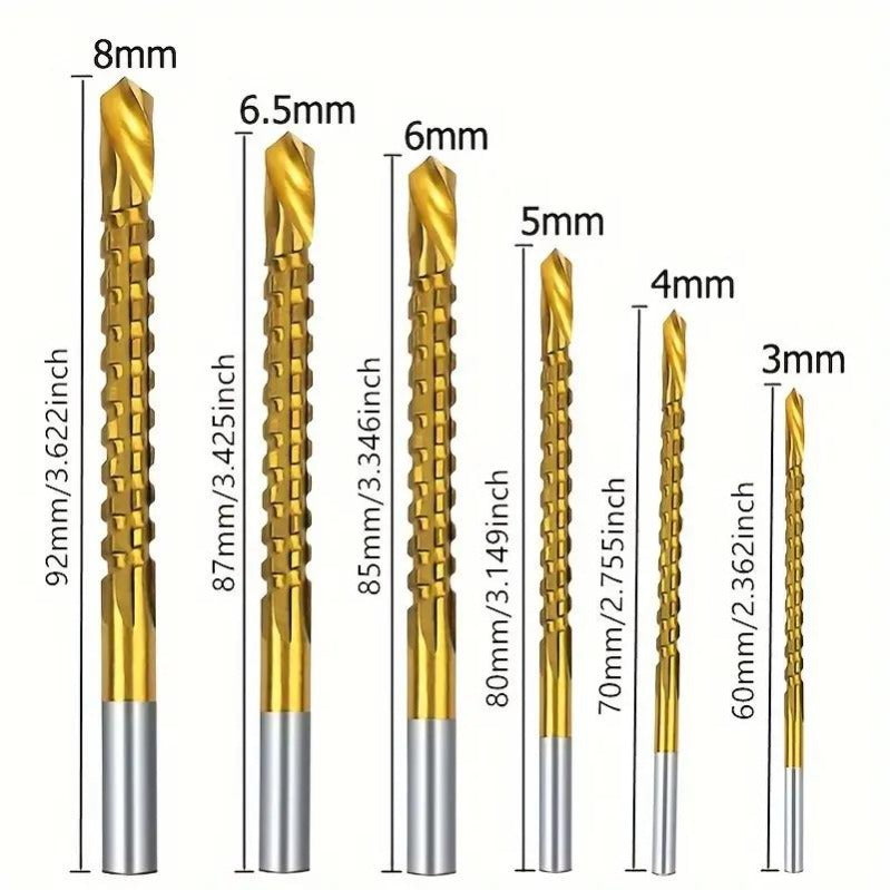 6 sizes of titanium coated drill bits
