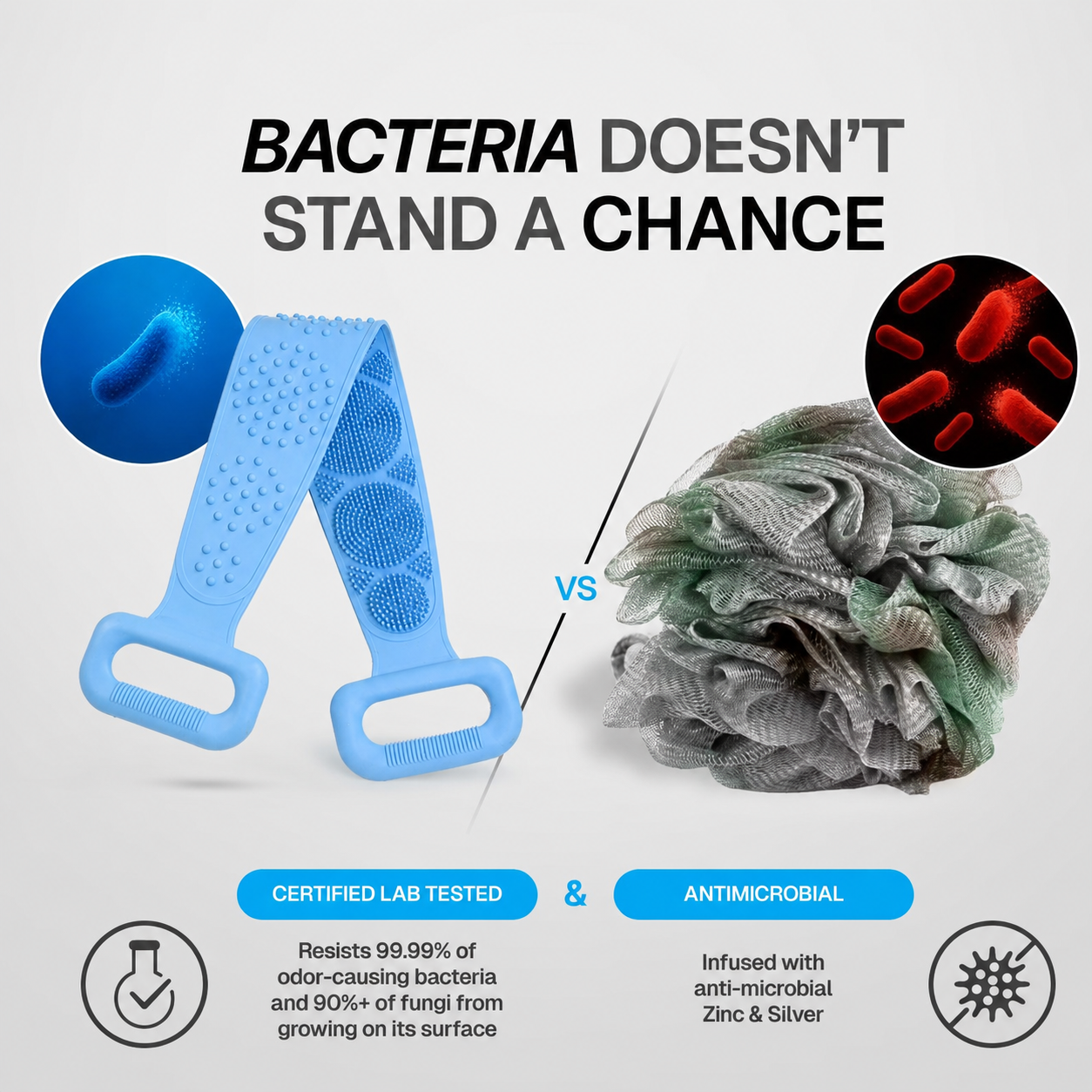 Silicone scrubber versus old loofah comparison showing bacteria-resistant and antimicrobial features