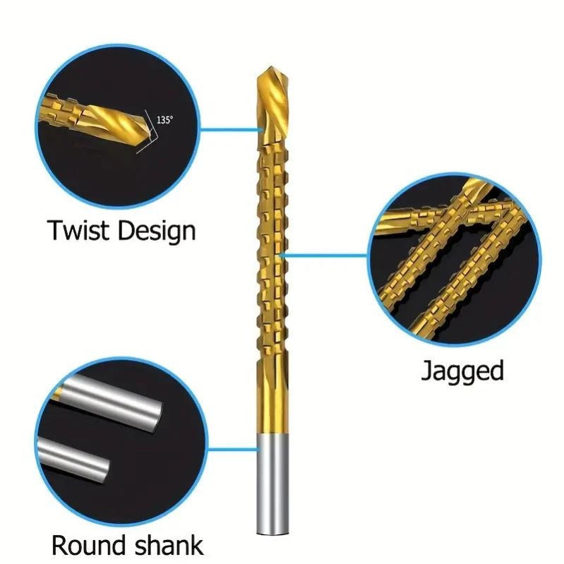 Twist design, jagged groove, and round shank drill bit